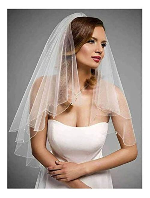Yalice Women's Bead Edge Bride Wedding Veil 2T Two-Tier Waist Length Bridal Veils Soft Tulle Hair Accessories