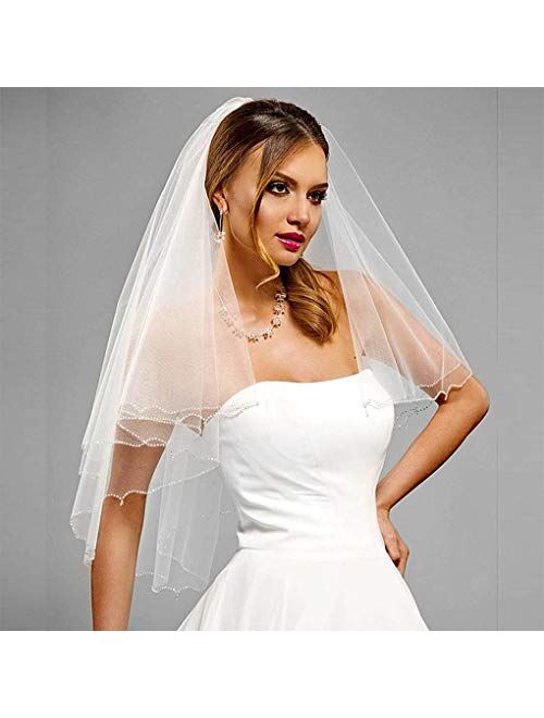 Yalice Women's Bead Edge Bride Wedding Veil 2T Two-Tier Waist Length Bridal Veils Soft Tulle Hair Accessories