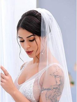 Nicute Bride Wedding Veil White Chapel Waist Length Crystal Bridal Hair Accessories with Comb 1 Tier 35 Inches