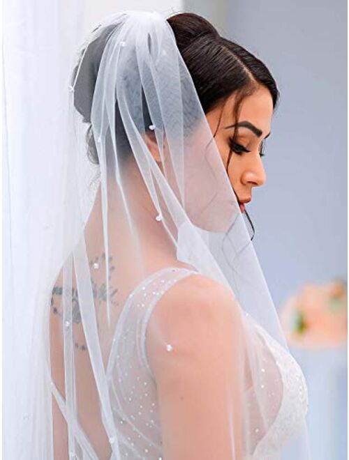 Nicute Bride Wedding Veil White Chapel Waist Length Crystal Bridal Hair Accessories with Comb 1 Tier 35 Inches