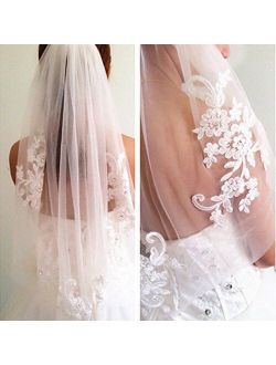 Kercisbeauty Bridal Lace Embroidery Hollow Out Flower White and Ivory Veil Drop Wedding with Hair Comb Crystal Beads Wide Lace Veil Chapel Veil Single Layer Veil Wedding 