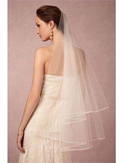 Edary Wedding Bridal Veil with Metal Comb White Pencil Edge Drop Veil 2 Tier Brides Hair Accessories for Women Elbow Length Waist Length