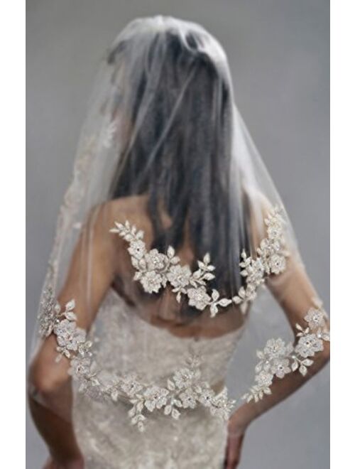 Kercisbeauty Wedding Bridal Lace Double layer Veil Drop with Hair Comb Flower Lace and Pearl Chapel Hair Accessories