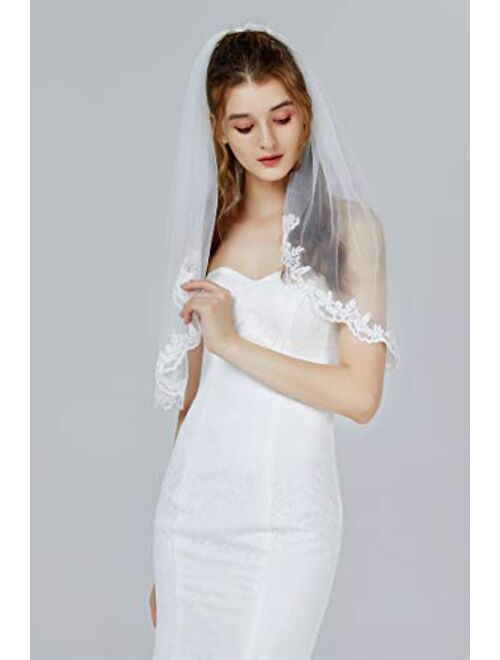 Wedding Bridal Veil with Comb 1 Tier Lace Applique Edge Fingertip Length Veil 36