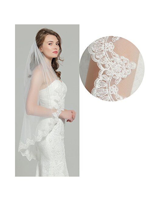 Wedding Bridal Veil with Comb 1 Tier Lace Applique Edge Fingertip Length 41" V82 Ivory White