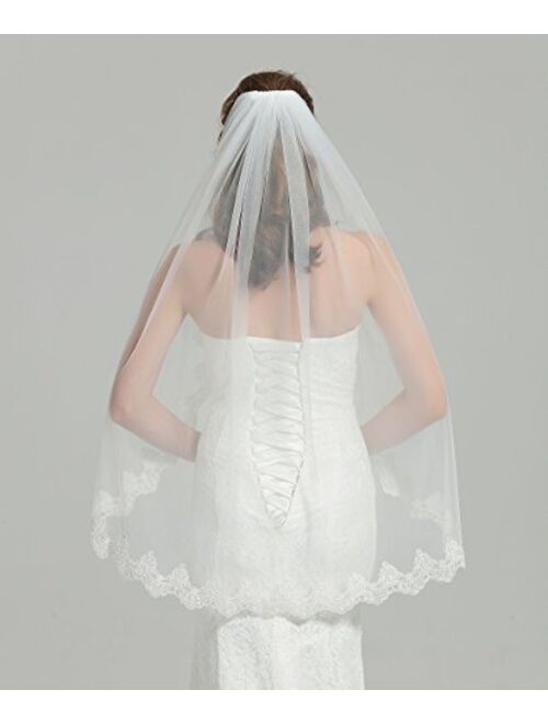 Wedding Bridal Veil with Comb 1 Tier Lace Applique Edge Fingertip Length 41" V82 Ivory White