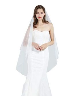 Bridal Wedding Veil 2 Tier For Women Cut Edge Knee Chapel Length With Comb Ivory White