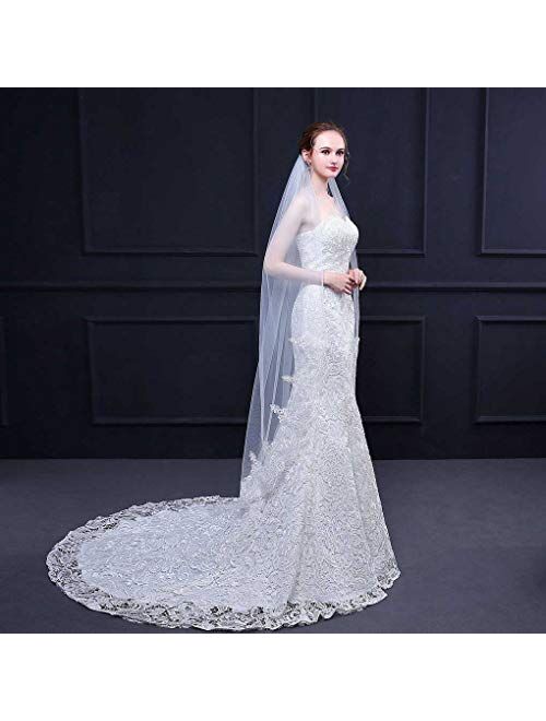 Yalice Women's Lace Appliqued Bride Wedding Veil 1 Tier Long Knee Length Bridal Veils Soft Tulle Hair Accessories