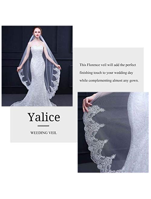 Yalice Women's Lace Appliqued Bride Wedding Veil 1 Tier Long Knee Length Bridal Veils Soft Tulle Hair Accessories