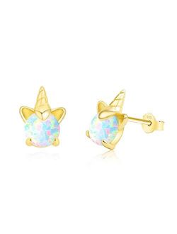 Unicorn Earrings for Girls, Hypoallergenic Fire Opal Stud Earrings ARSKRO S925 Sterling Silver with Gold Mini Tiny Cute Earring Jewelry Gifts for Kids Women