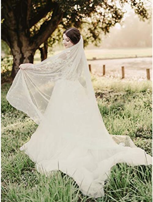 SWEETV 1 Tier Pearl Wedding Bridal Veil with Comb-Cut Edge Long Chapel Length