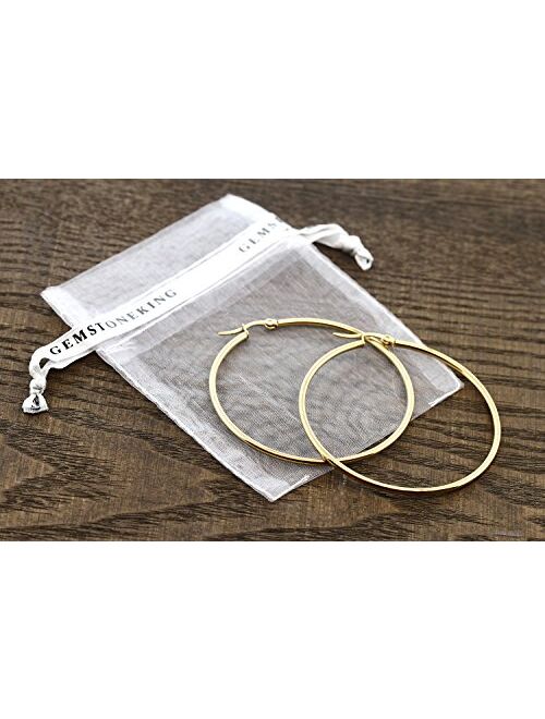 Gem Stone King 2inches Stunning Stainless Steel Yellow Gold Plated Hoop Earrings (50mm Diameter)