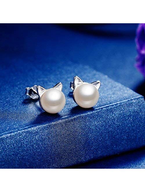 ANBALA Cat Stud Earrings Sterling Silver Ear Studs Freshwater Cultured Pearl Stud Earrings for Women