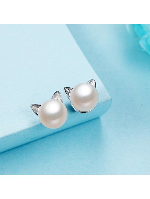 ANBALA Cat Stud Earrings Sterling Silver Ear Studs Freshwater Cultured Pearl Stud Earrings for Women