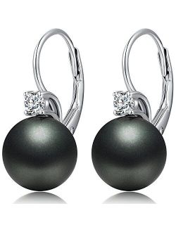 ZowBinBin 925 Sterling Silver 10mm Pearl Earrings, Beautiful Black Pearl Earrings, White Pearl Dangle Earrings Hypoallergenic Drop Pearl Earrings