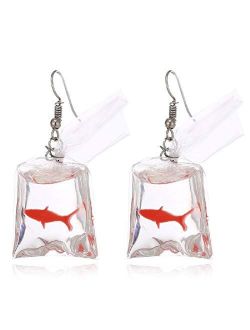 Christmas Funny Fish in Bag Earrings, Unique Acrylic Resin Dangle Earrings Gift for Girls Women