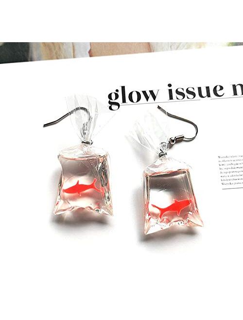Christmas Funny Fish in Bag Earrings, Unique Acrylic Resin Dangle Earrings Gift for Girls Women