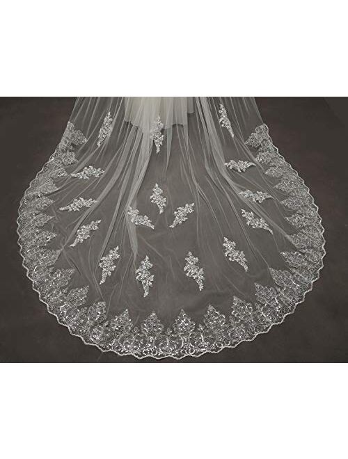 EllieHouse Women's 1 Tier Cathedral Sequin Lace Wedding Bridal Veil With Comb L81