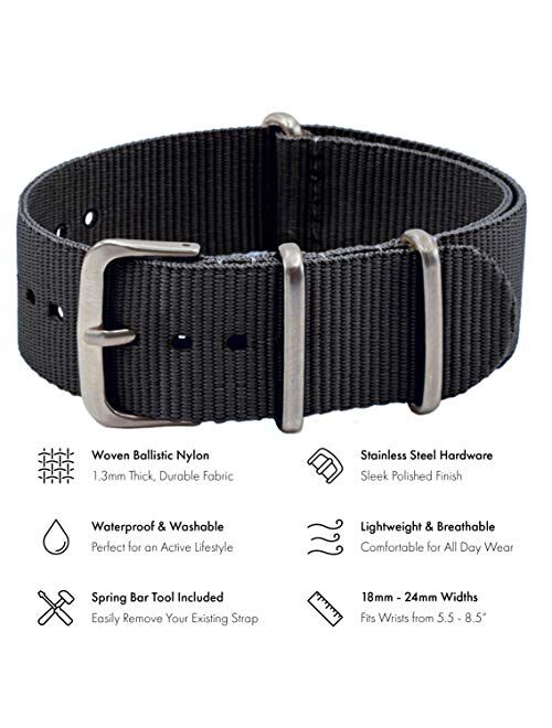 Benchmark Basics NATO Strap - Waterproof Ballistic Nylon Watch Band for Men & Women - Choice of Color & Width - 18mm, 20mm, 22mm or 24mm