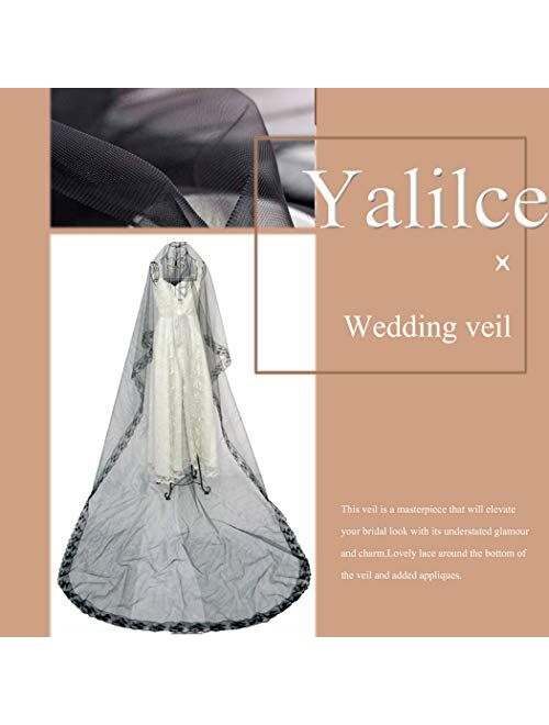 Yalice Women's Vintage Lace Bride Wedding Veil 1 Tier Long Cathedral Length Bridal Veils Soft Tulle Hair Accessories