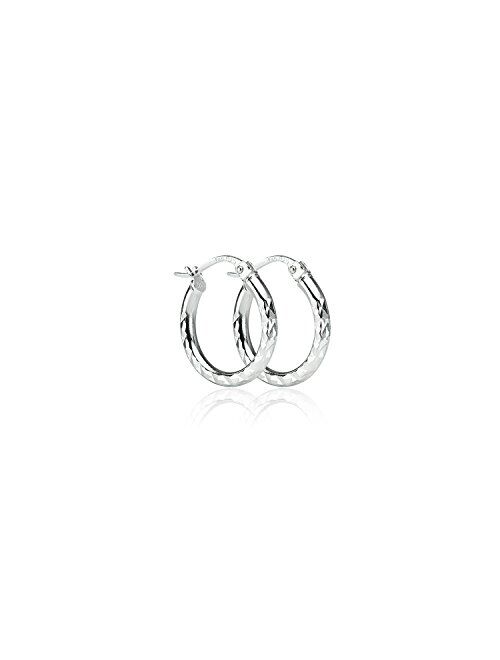 Sterling Silver High Polished Round Diamond-cut Textured Click-Top 2mm Hoop Earrings