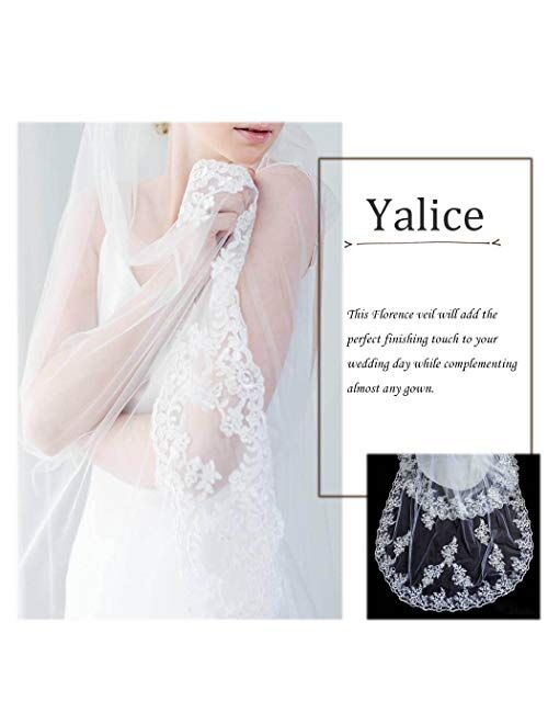 Yalice Women's Applique Bride Wedding Veil Long Chapel Length 1 Tier Bridal Veil Soft Tulle Hair Accessories