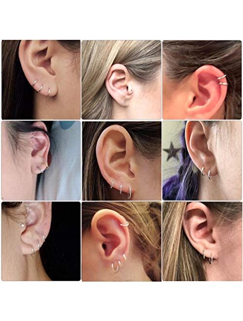 14K Gold Plated Small Hoop Earrings Sterling Silver Endless Tiny Hoop Earrings Set for Men Cartilage Nose Lip Rings 8/10/12mm 