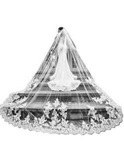 Fenghuavip Cathedral Veils for Brides Wedding 5 Meters 2T Lace Appliques Blusher Veil with Comb