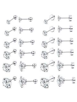 Jstyle 12 Pairs 20G Stainless Steel Mens Womens Stud Earrings Cartilage Ear Piercings Helix Tragus Barbell CZ 3-8mm