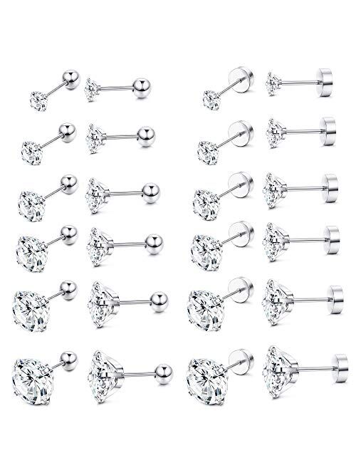 Jstyle 12 Pairs 20G Stainless Steel Mens Womens Stud Earrings Cartilage Ear Piercings Helix Tragus Barbell CZ 3-8mm