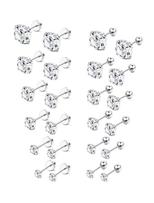 Jstyle 12 Pairs 20G Stainless Steel Mens Womens Stud Earrings Cartilage Ear Piercings Helix Tragus Barbell CZ 3-8mm