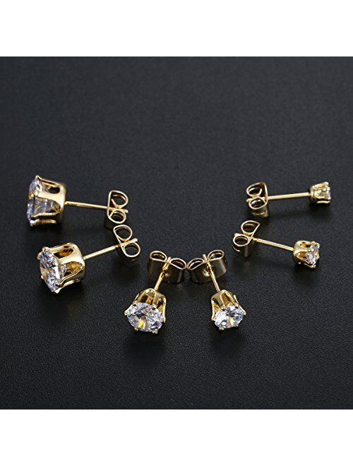 Gold Plated Cubic Zirconia Stud Earrings, with Large 7mm and 18pcs Small Bright CZ Stone Earrings