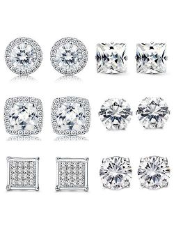 Thunaraz 1-6 Pairs Halo Stud Earrings 18K White Gold Plated Round Square Brillant Cut Earrings with Gift Box