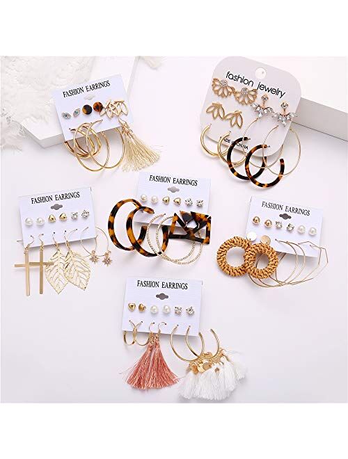 FINETOO 36 Pairs Assorted Multiple Earrings Set for Women Girls Tassel Dangle Earrings Lightweight Acrylic Hoop Drop Earrings Fashion Jewelry Valentine's Day Gift