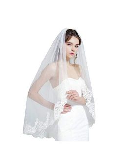 Wedding Bridal Veil with Comb 1 Tier Lace Applique Edge Ivory Fingertip Length