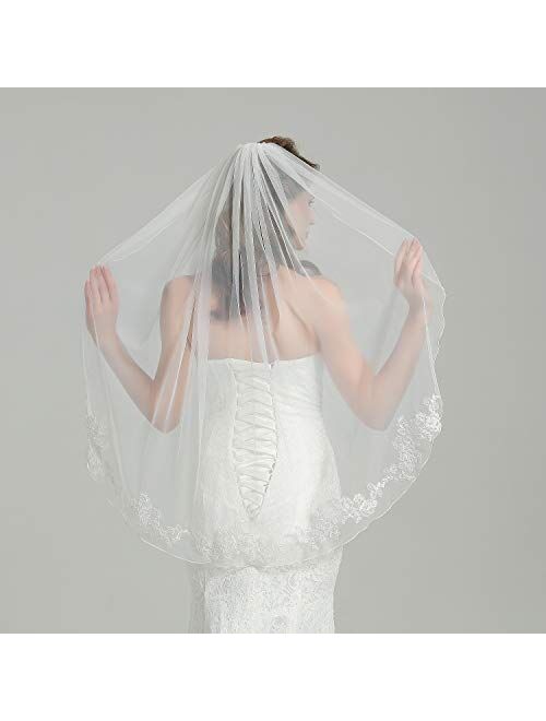 Wedding Bridal Veil with Comb 1 Tier Pencil Lace Applique Edge Fingertip Length 40"