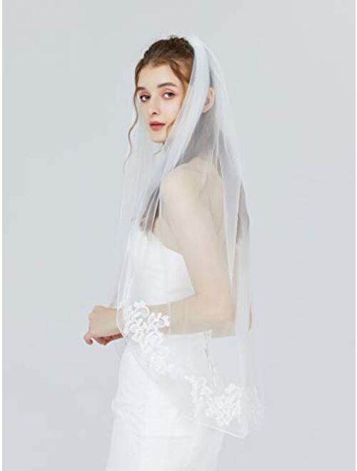 Wedding Bridal Veil with Comb 1 Tier Pencil Lace Applique Edge Fingertip Length 40"