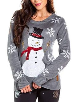 Women's Sequin Snowman Christmas Sweater - Gray Snowflake Embellished Christmas Sweater
