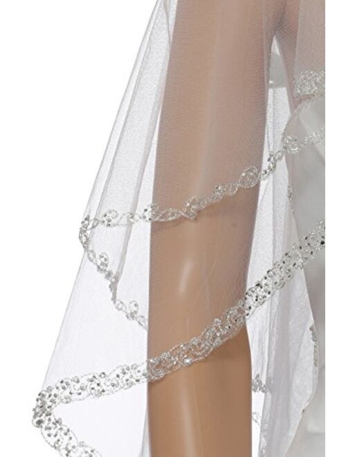 2T 2 Tier Dual Edge Embroided Pearl Crystal Beaded Veil Fingertip Length 36"