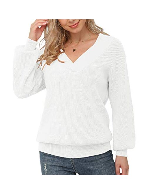 Feiersi Women's Off Shoulder Sweater V-Neck Long Sleeve Loose Pullover Knit Jumper