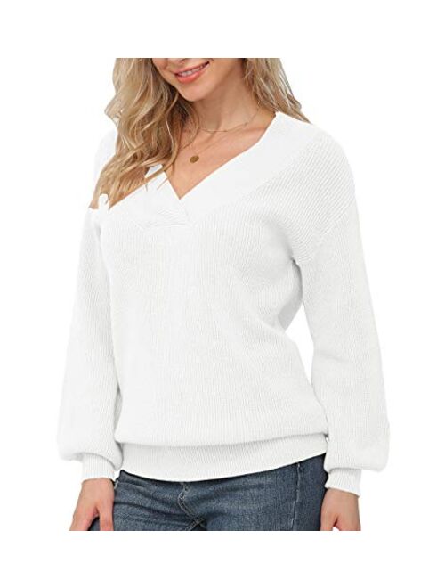 Feiersi Women's Off Shoulder Sweater V-Neck Long Sleeve Loose Pullover Knit Jumper