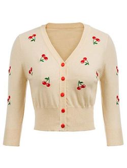 Women's 3/4 Sleeve V-Neck Button Down Cherries Embroidery Cropped Cardigan Sweater Coat