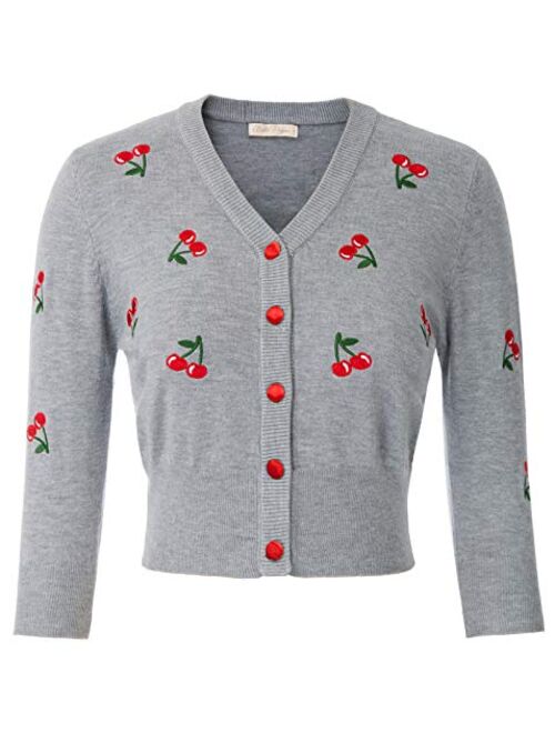 Belle Poque Women's 3/4 Sleeve V-Neck Button Down Cherries Embroidery Cropped Cardigan Sweater Coat