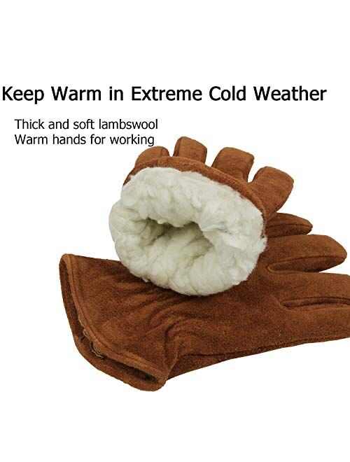 OZERO Work Gloves Winter Insulated Snow Cold Proof Leather Glove Thick Thermal Imitation Lambswool - Extra Grip Flexible Warm for Working in Cold Weather for Men and Wome