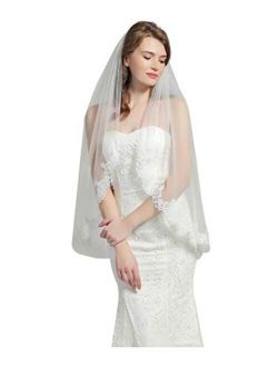 Wedding Bridal Veil with Comb 1 Tier Eyelash Lace Trim Applique Edge Fingertip Length 37" Ivory White