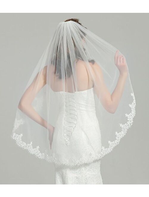 Wedding Bridal Veil with Comb 1 Tier Eyelash Lace Trim Applique Edge Fingertip Length 37" Ivory White