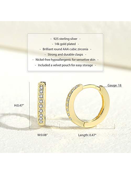 Spoil Cupid 14K Gold Plated 925 Sterling Silver Cubic Zirconia Small Huggie Hoop Cartilage Earrings 10mm diameter