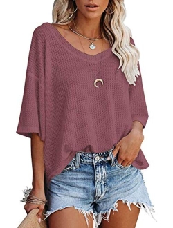 Youdiao Womens V Neck Tops Long Sleeve Shirts Waffle Knit Blouse Casual Loose Oversized Pullover Sweatshirt
