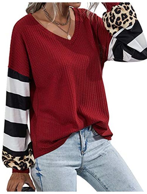 Youdiao Womens V Neck Tops Long Sleeve Shirts Waffle Knit Blouse Casual Loose Oversized Pullover Sweatshirt