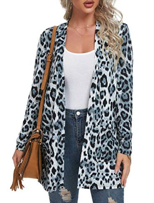 QIXING Women's Casual Leopard Printed Cardigans Long Sleeve Cover Up with Pockets